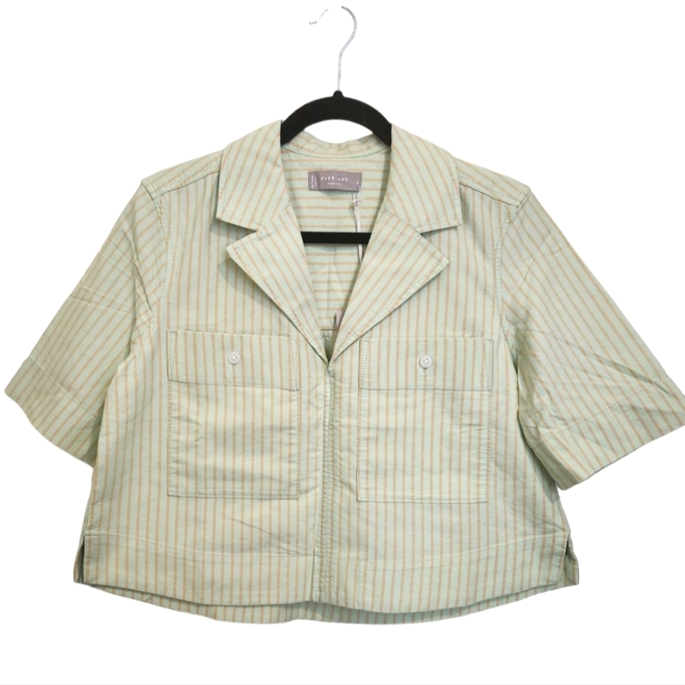 NWT Everlane Oxford Popover Blouse Light Green and Light Orange Size Small